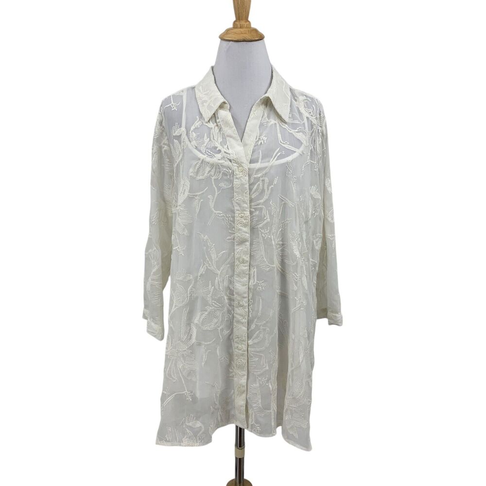 Dana Buchman Blouse Womens XL Extra Large White Button Up Embroidered Layered